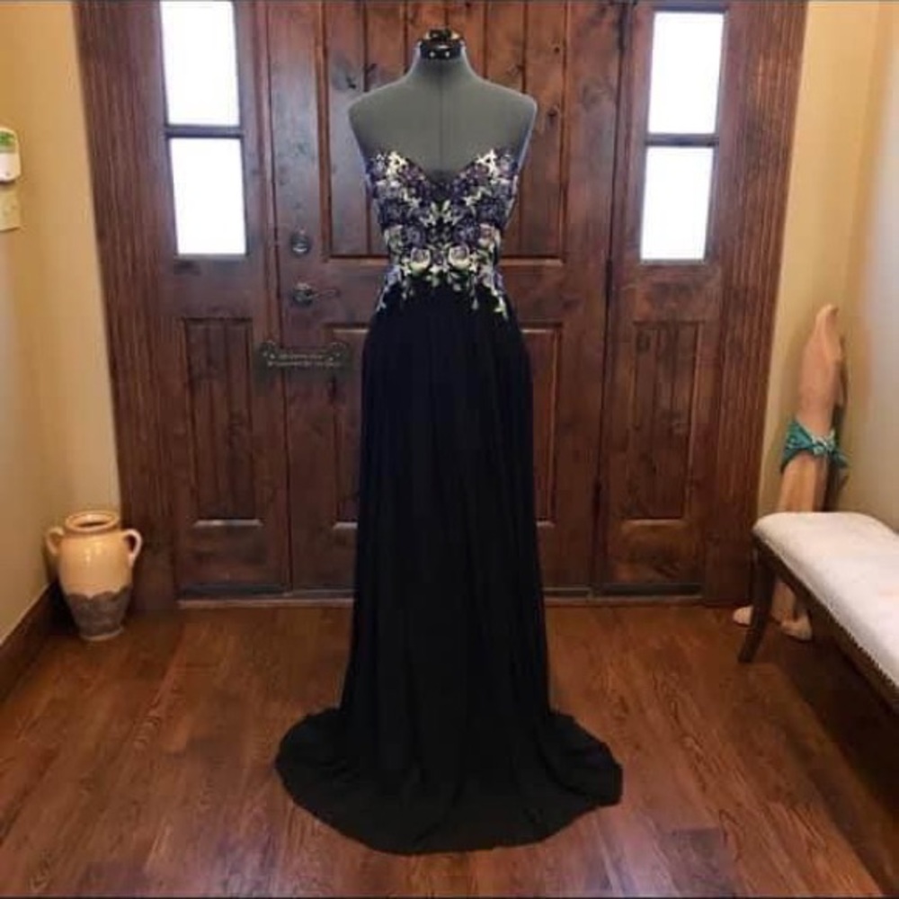 JVN by Jovani Floor Length Black Gown with Floral Embroidery
